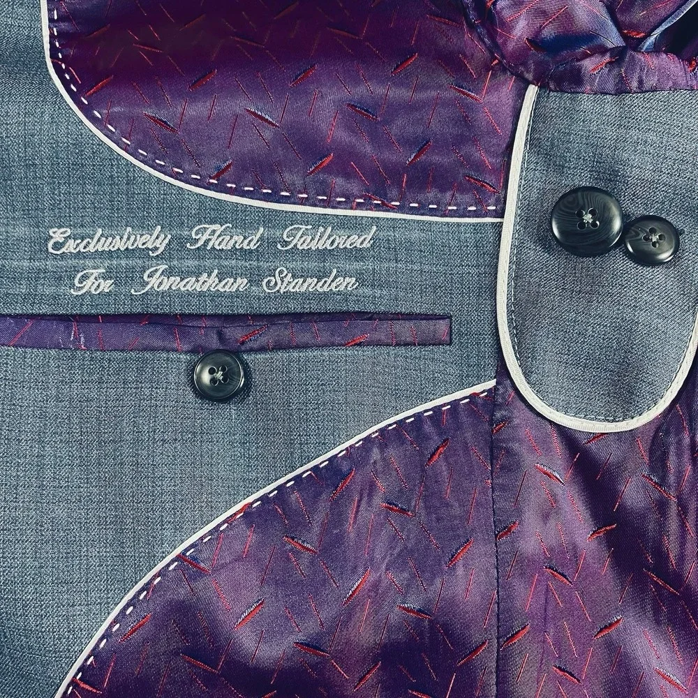 Bespoke Blazer Blue Grey Hand Tailored Two Button Burgundy Purple Jaquard Lining